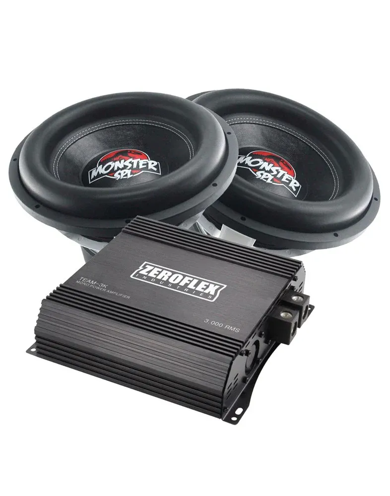 Zeroflex TREX151 15-inch Monster 1650RMS SPL DVC 1 Ohm Car Subwoofer (2 Subs) + Zeroflex Team -3K 1 X 300RMS Mono Amplifier With Bass Controller (Bundle Deal)