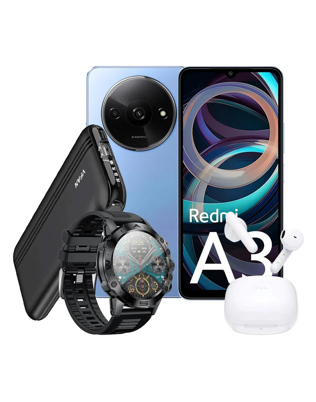 Xiaomi Redmi A3 (2024) 4GB 128GB 4G Smart Phone (Brand New) + TCL Move Audio S150 Wireless Earbuds (Brand New) + Hoco Smart Sports Watch (Y20) + VFan Power Bank 2 USB, 4 Built in Cables 10000mAh (F10) (Bundle Deal)