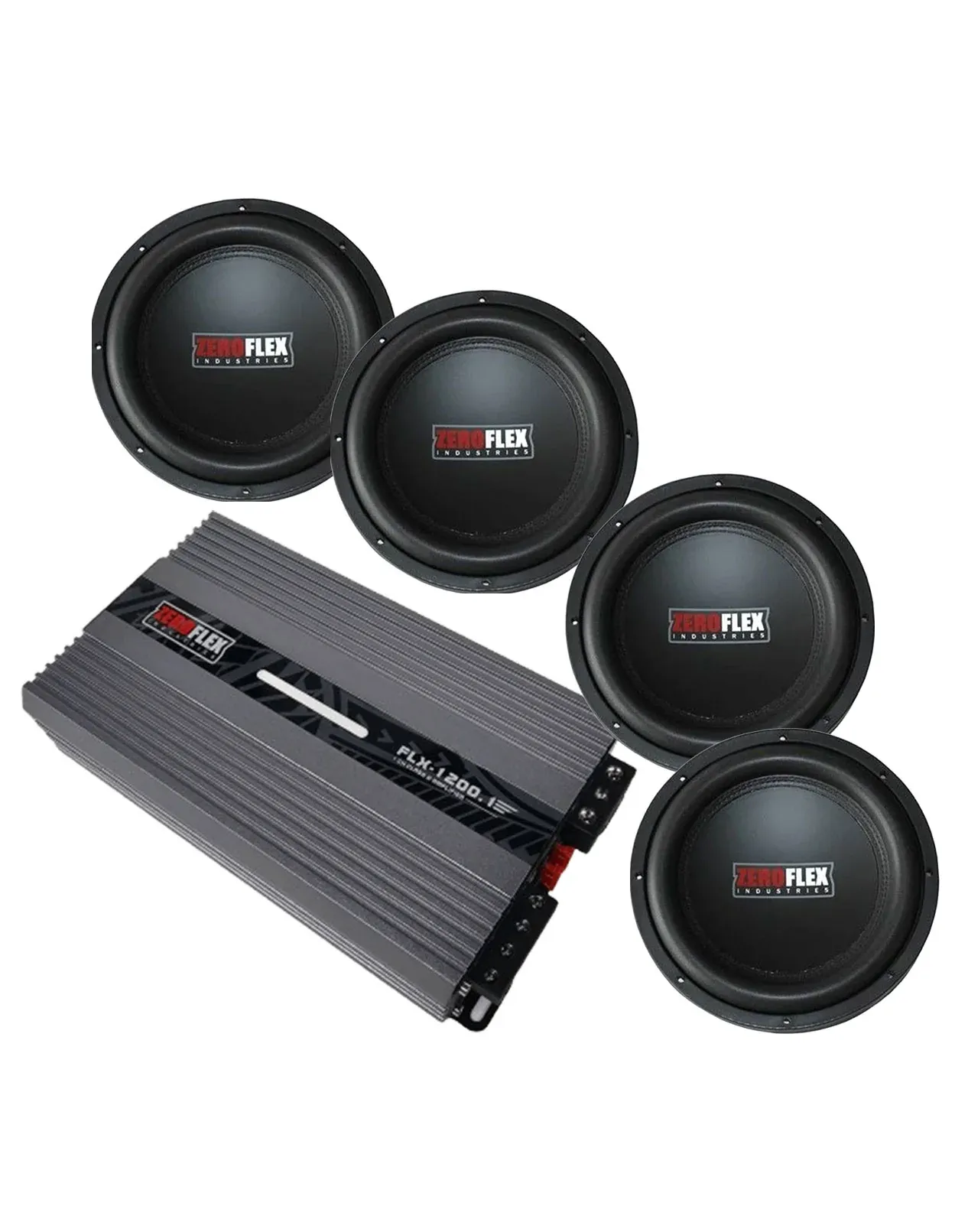 Zeroflex ZFX124 12" 350W RMS Slim Car Subwoofer X4 + Zeroflex FLX1200.1 1 X 1200W Mono Amplifier (Bundle Deal)